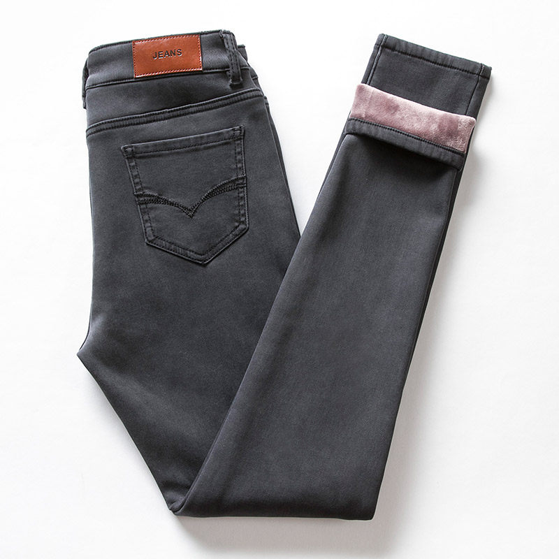 Smoky Gray plus velvet padded jeans women's feet 2021 Winter new thin stretch stretch wearing warm trousers