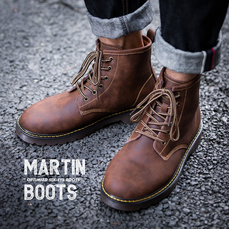 Genuine Leather Martin boots Men's middle cylinder leather boots trendy high cylinder tooling boots Inlenty wind men's shoes winter plus suede warmth
