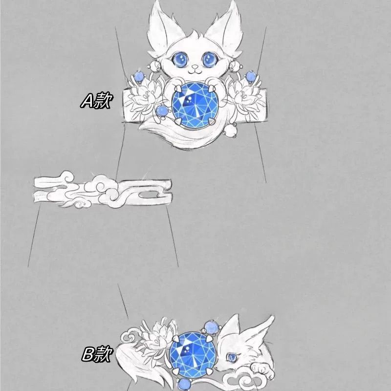 Fox and Night-Blooming Flower Blue Zircon Ring Original Design Cute Healing Creative Niche Index Finger Ring Birthday Gift