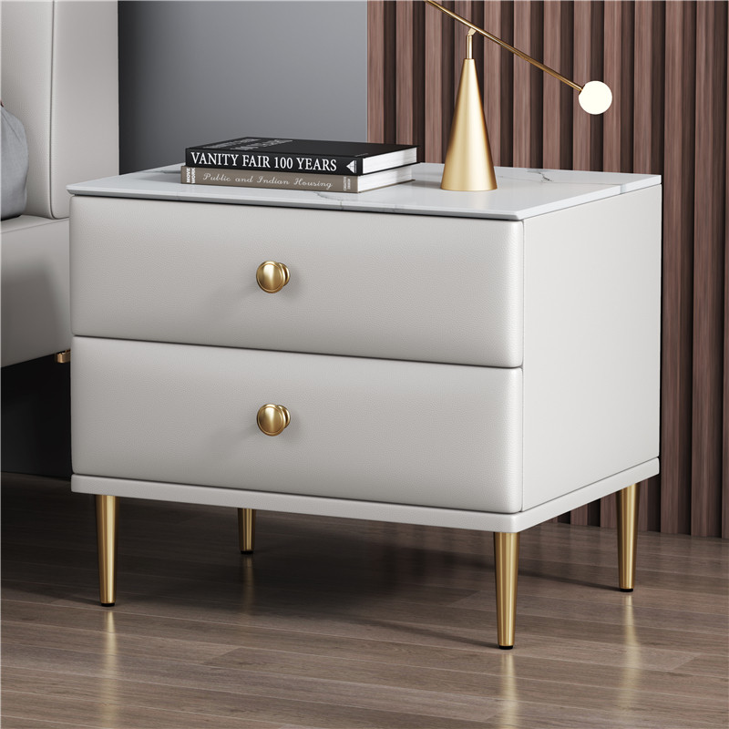 Light luxury simple modern small apartment bedside table household rock board leather wood bedroom bedside mini locker