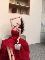 Ye Xiaoxian toast bride 2020 new wine red gauze wedding long high texture sling evening dress