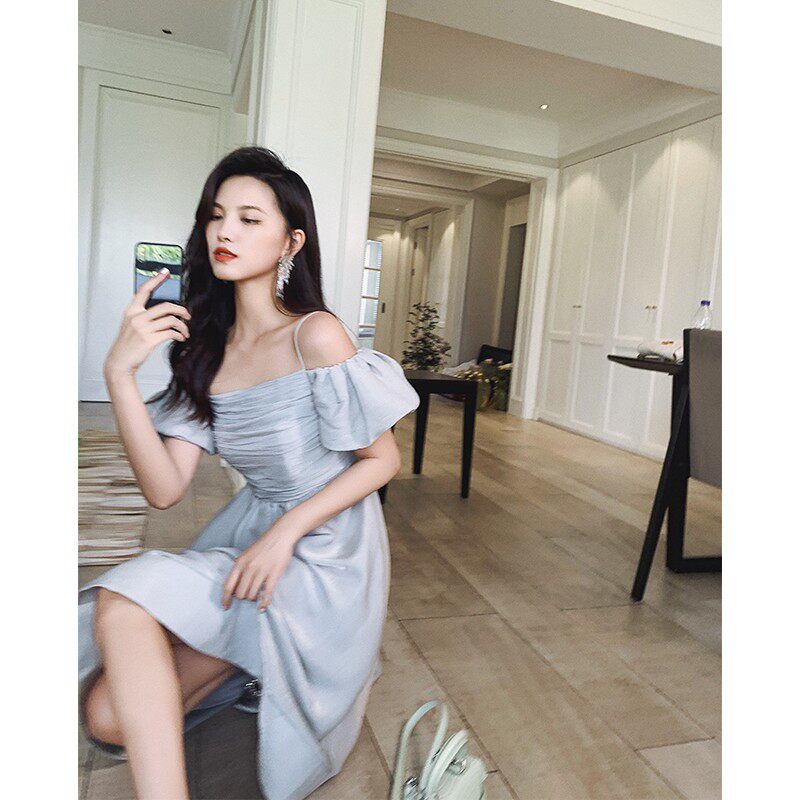 Ye Xiaoxian word shoulder lantern sleeve high waist sweet mint green puff sleeve midi dress 2021 summer