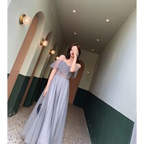 Ye Xiaoxian bridesmaid clothes autumn and winter New sweet word shoulder gray temperament suspenders long banquet elegant dress