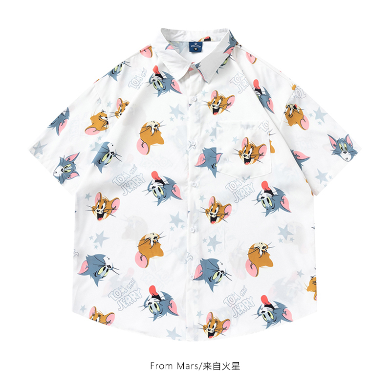 From Mars Jerry and Tom American Street Style ins Tom and Jerry All-Over Print Short Sleeve Shirt Loose Casual