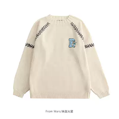 From Mars love baseball's Little Bear Japanese embroidery stitching design knitted loose lazy couple sweater