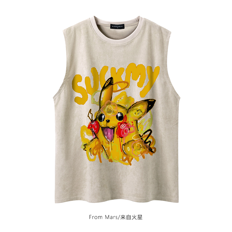 From Mars, Full of Energy, Japanese-Style Cartoon Pikachu Letter Graffiti Print Sleeveless Vest, Loose Fit