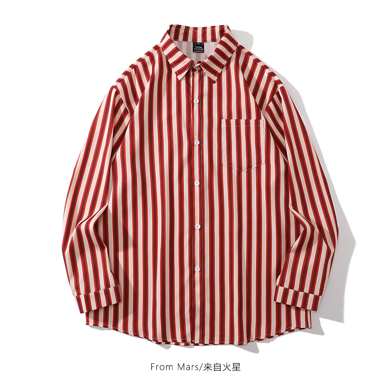 From Mars Retro White and Red Color-Blocked Striped Long-Sleeve Collared Shirt Trendy Brand European and American Loose Casual Shirt