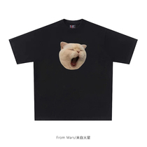 From Mars Yawning Cat Fashionable Kitten Print Round Neck Short Sleeve T-shirt Loose and Cute Couple BF