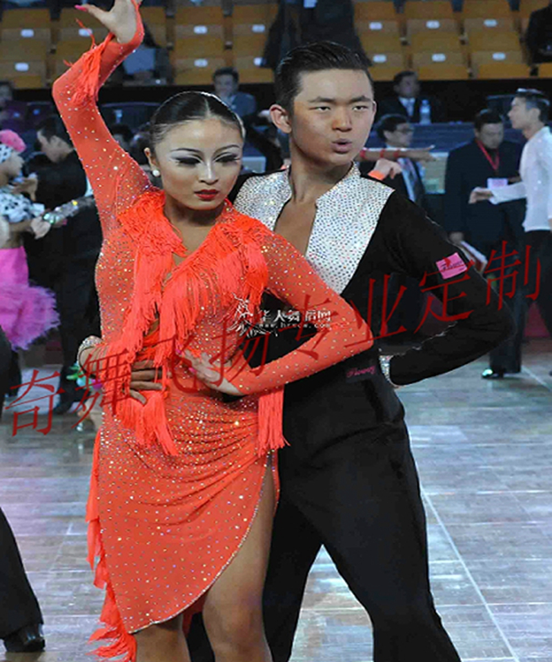 New high-end latin dance costumes full drill tassel long-sleeved latin dance dress tailored