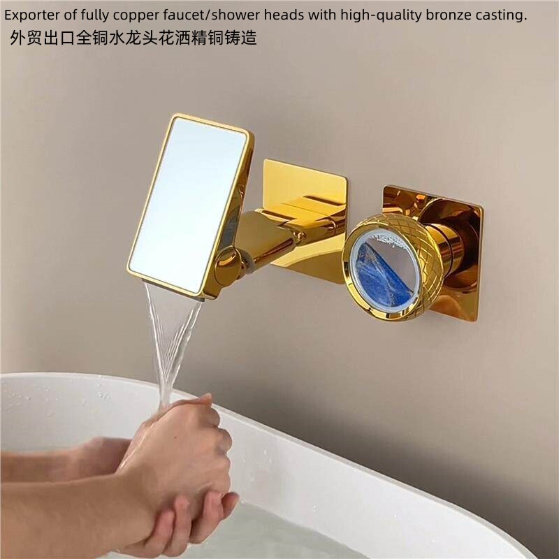 All-Copper Concealed Wall-Mounted Washbasin Faucet with Digital Display, Foldable Waterfall Design, for Home Bathroom Use