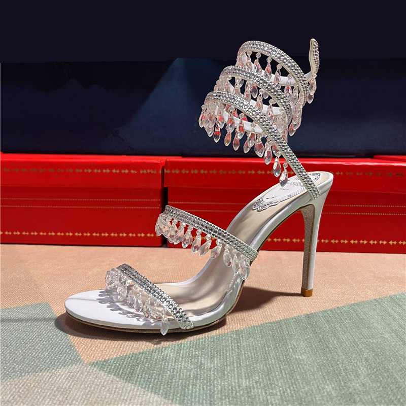 Rane Castilla 2025 New White Crystal Shoes Wedding Shoes Rc High Heels Women's Snake-Shaped Winding Sandals