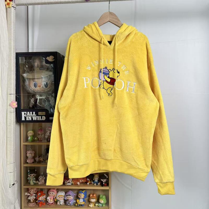 Loose Oversized Winnie the Pooh Flannel Embroidered Hoodie for Women, Loose Casual Hoodie, Yellow Fleece Sweatshirt