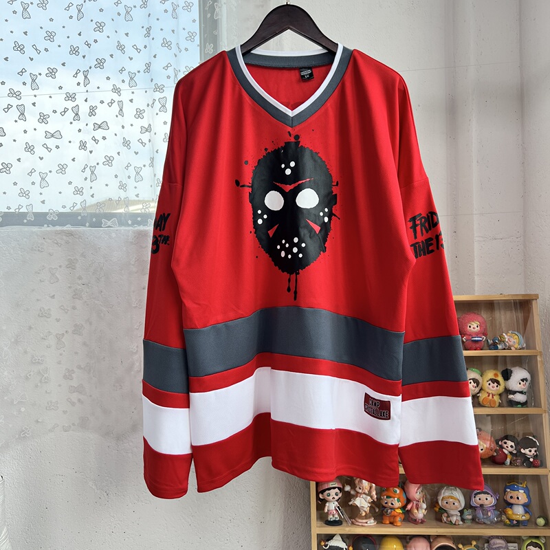 Black Friday Jason Mask Print Ice Hockey Jersey American Retro Red Stripe Mesh Long Sleeve Jersey Black Friday Jason Mask Print Ice Hockey Jersey American Retro Red Stripe Mesh Long Sleeve Jersey