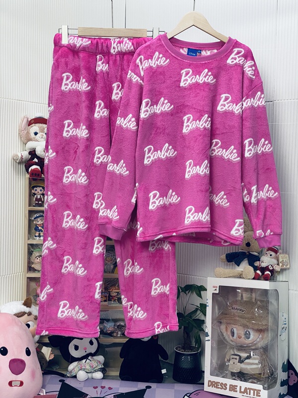 Pink Rose Red Barbie Home Wear Round Neck Pajamas Flannel Soft and Comfortable Set That Can Be Worn Outside
