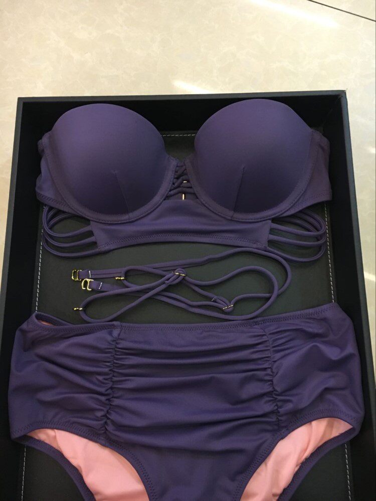 Sexy purple high waist bikini double shoulder strap two-piece swimsuit temptation bikini female steel support chest shows big