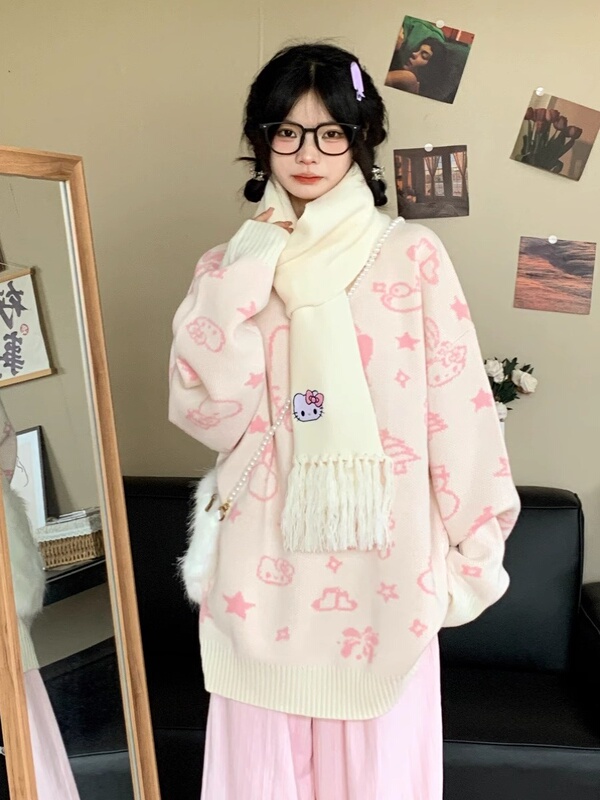 Lazy Style Loose and Versatile College Style Knitted Outerwear Top Autumn and Winter New Thickened Hello Kitty Round Neck Sweater for Women