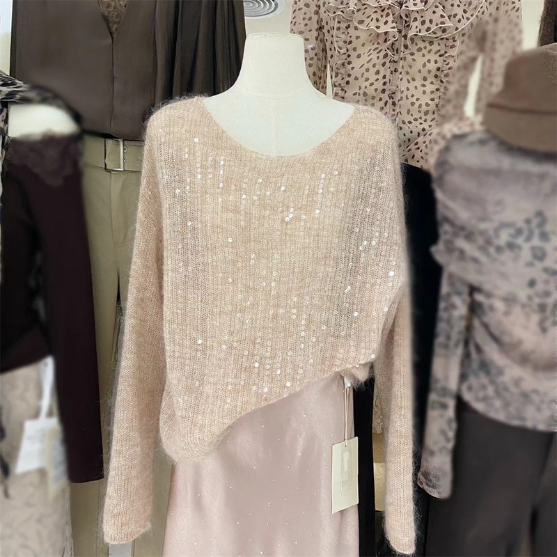 French-Style Beautiful Sequin Round-Neck Pullover Sweater for Women, New Autumn Style, High-End, Stylish, Beautiful, Casual Knitted Top