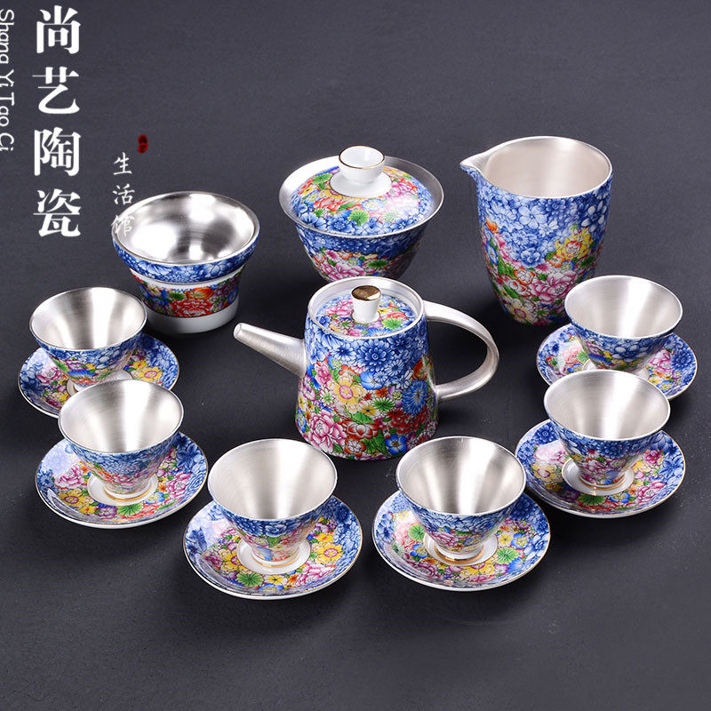 Jingdezhen Gilt silver tea set set Enamel color set Ceramic Gongfu tea set with silver cover bowl Teapot Teacup coaster