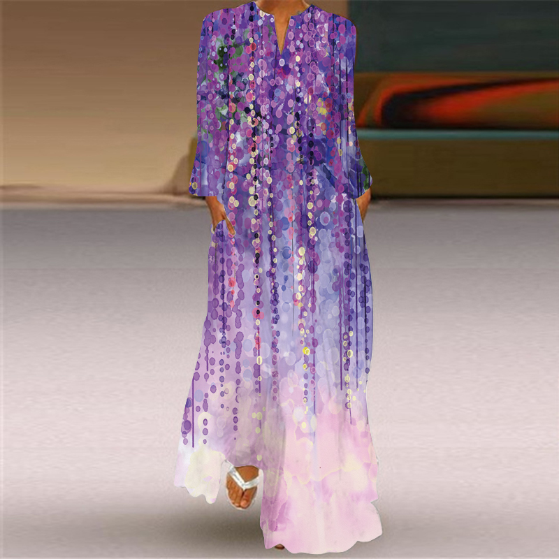 Purple Dress, Loose Plus-Size Women's Long Dress, New Chinese Style National Style Dress, Elegant Long-Sleeved 3D Printed Long Dress Purple Dress, Loose Plus-Size Women's Long Dress, New Chinese Style National Style Dress, Elegant Long-Sleeved 3D Printed Long Dress