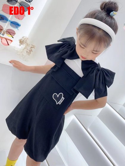 edo1一度童装夏新款女童原创设计款背带裤儿童蝴蝶结可爱连身裤