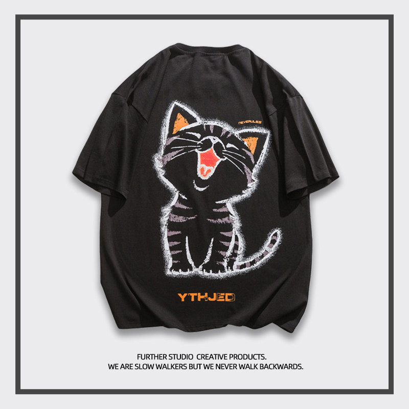 Come and go for business meow) FURTHER) The Small Crowd Design Cartoon Loose Ins pure cotton) T-shirts for men and women-Taobao
