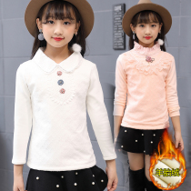 Girls high neck base shirt autumn and winter velvet thickened new childrens cotton long-sleeved top baby white solid color T-shirt