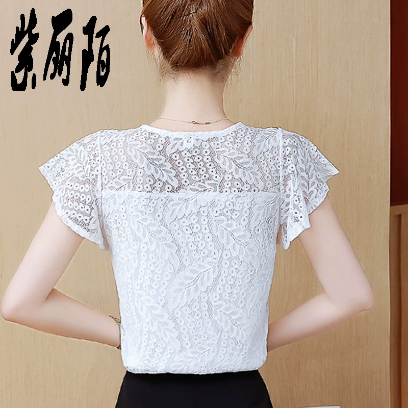 Áo sơ mi voan ngắn tay áo thun nữ mùa hè 2021 sản phẩm mới phong cách phương tây che bụng áo mùa hè ren rỗng đáy áo - Áo sơ mi chiffon ren