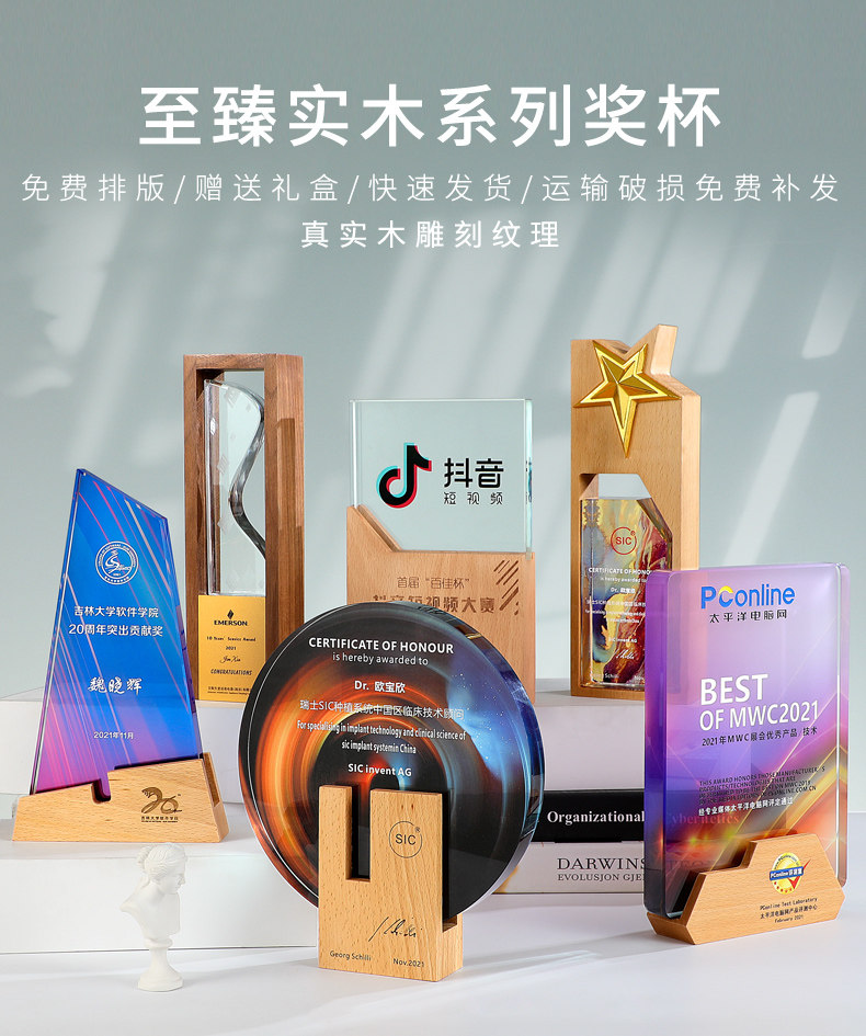 水晶实木抖音奖杯创意年会彩印授权奖座优秀员工颁奖照片奖牌-阿里巴巴