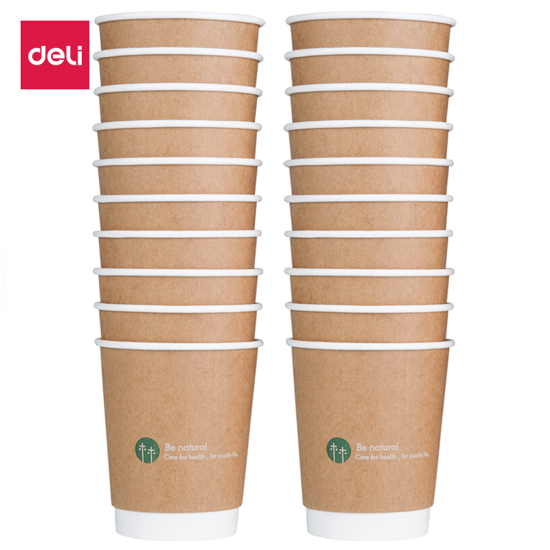 Deli 20 280ml double-layer disposable paper cups thickened office cups brown 19204