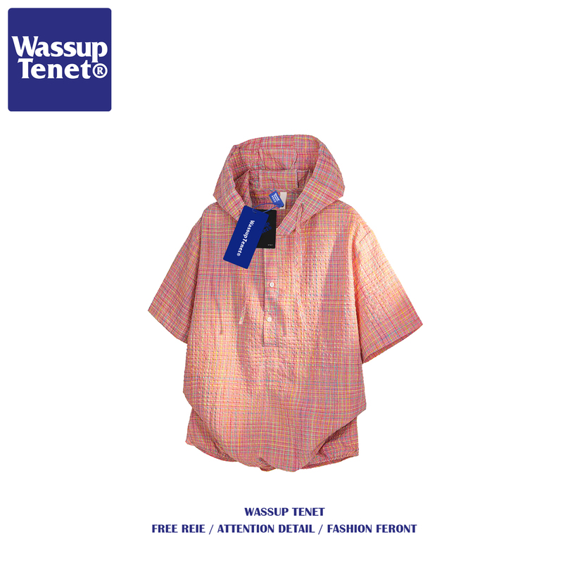 Wassup Tenet American-Style Fake Two-Piece Hooded Short-Sleeve Shirt for Men, Summer Trendy Brand Bubble Gauze Casual Shirt Wassup Tenet American-Style Fake Two-Piece Hooded Short-Sleeve Shirt for Men, Summer Trendy Brand Bubble Gauze Casual Shirt
