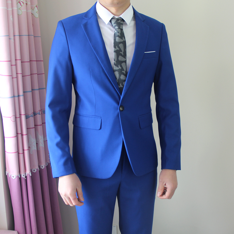 Royal Blue Suit Jacket Men's Two-Piece Set Spring and Autumn Slim Fit Wedding Casual Solid Color High-End Men's Suit Set