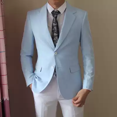 Autumn casual men's suit coat Xiao Zan with herringbone pattern sky blue slim high grade fried street suit man