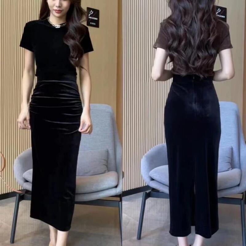 Velvet Midi Skirt for Women, Elegant Pleated Pencil Skirt, Long Skirt with High Waist and Slit, Vintage Slimming A-Line Skirt