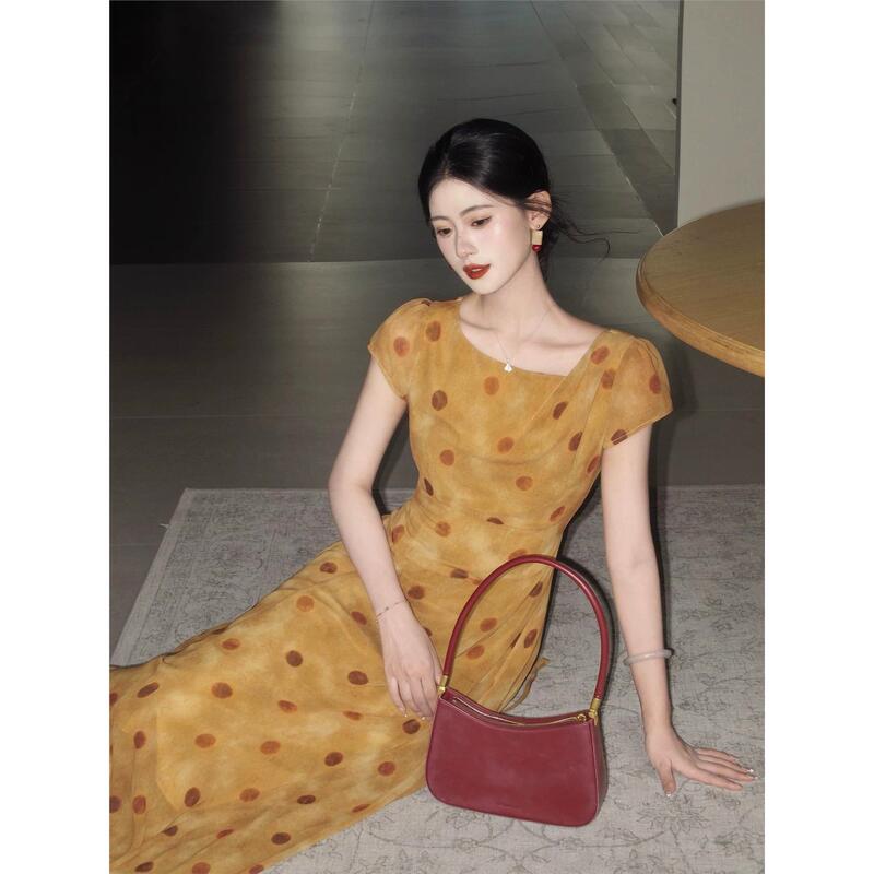 Orange Dot Evening Breeze' French-Style Yellow Polka Dot Tie-Up Dress for Women, Summer Short-Sleeved Slim-Fit Long Dress