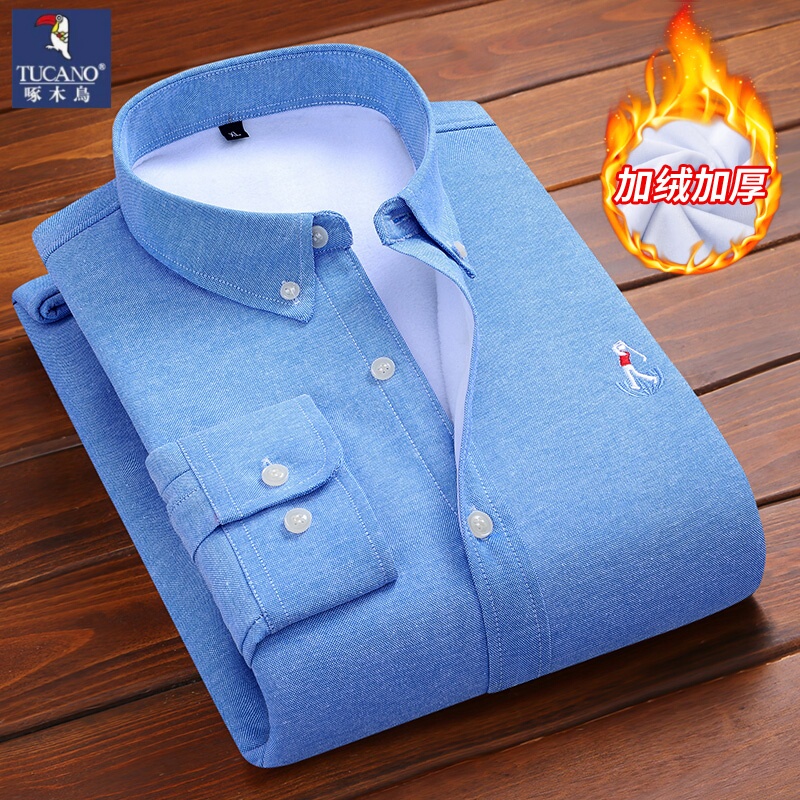 Woodpecker Embroidered Fleece-Lined Warm Shirt for Men, Autumn and Winter Business Casual Oxford Fabric Long-Sleeve Fleece Shirt Trendy