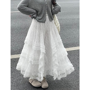 White Lace Gauze Skirt for Women, 2025 Spring New High-Waisted A-Line Mid-Length Umbrella Skirt, Puffy Cake Skirt