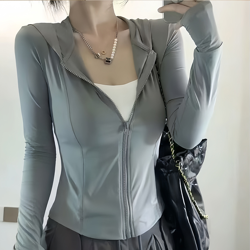 グレーのアイスシルク日焼け止め服、女性用夏用紫外線防止日焼け止め服、2025年新作アウトドアカーディガンジャケットトップ