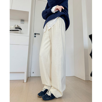 White Fleece-Lined Sweatpants for Women, Winter 2025 New Style, Casual Petite Straight-Leg Joggers, Slim-Fit Banana Wide-Leg Pants