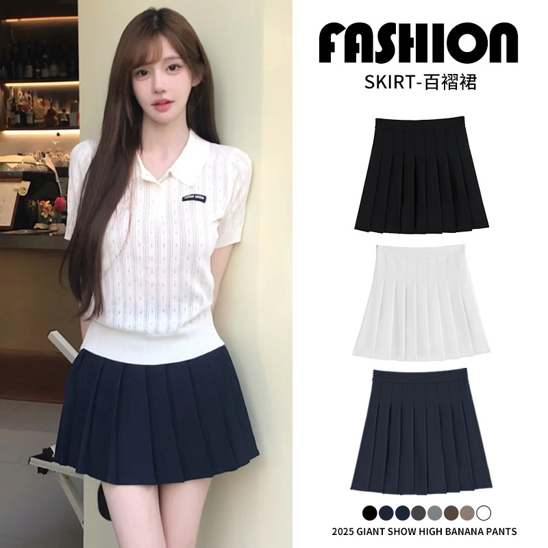 ネイビーブルーのプリーツミディスカート（女性用）、2026年春の新作スタイル、ハイウエスト、スリムに見えるAライン、プレッピースタイル、JKミニスカート。