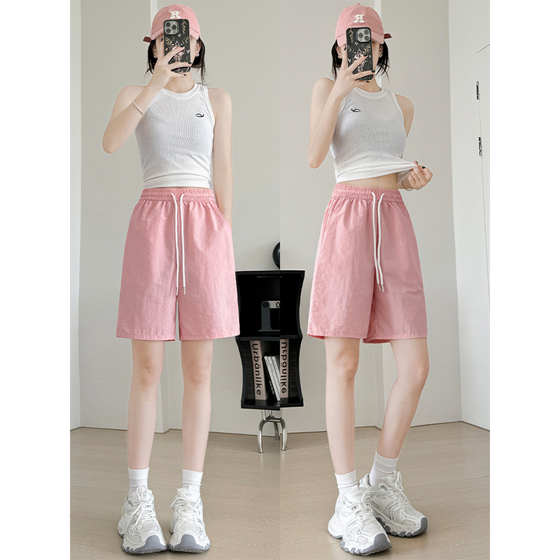 Pink Quick-Dry Shorts for Women, Summer Thin Drawstring High-Waisted Casual Straight Wide-Leg Five-Point Sports Shorts Pink Quick-Dry Shorts for Women, Summer Thin Drawstring High-Waisted Casual Straight Wide-Leg Five-Point Sports Shorts