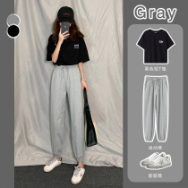Gray sports pants women loose spring and autumn slim Joker casual pants ins tide 2021 New tie pants ins tide