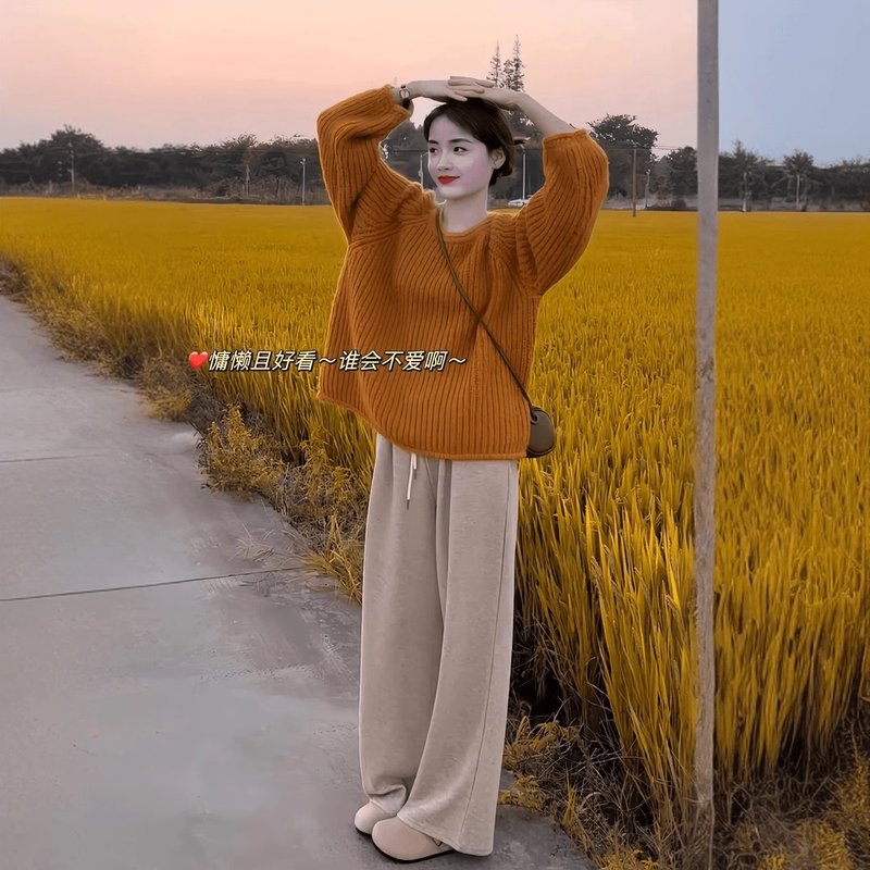 Korean Style Lazy Style Pumpkin Orange Knitted Sweater for Women 2024 New Autum Style Loose Slimming Versatile Pullover Top