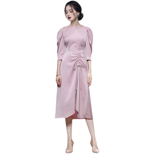 Long skirt waist and ankle high-end women's clothing design puff sleeves drawstring dress autumn 2021 new women