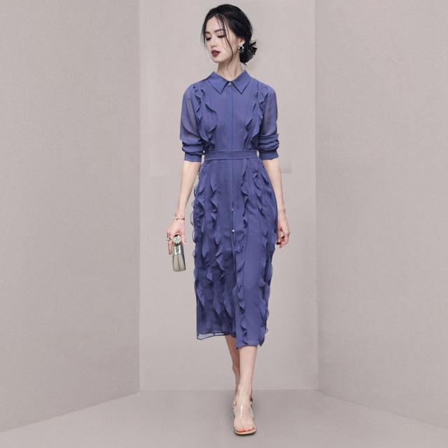 Polo skirt shirt niche design chic long skirt spring and autumn waist waist temperament high-end chiffon purple dress