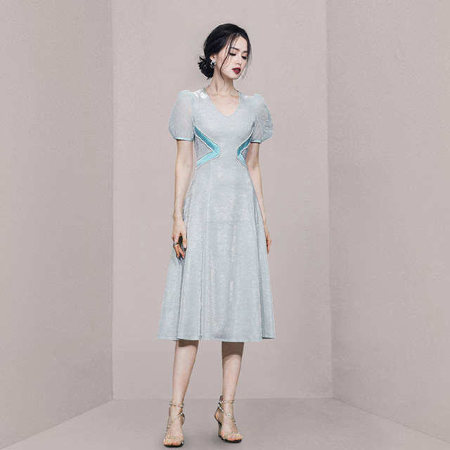 French style stunning blue dress A word thin puff sleeve mesh yarn high-quality dress long skirt summer female waist