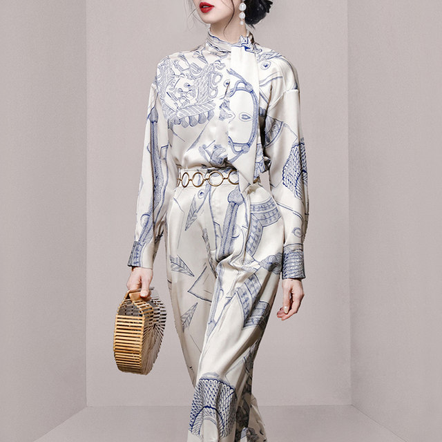 Ribbon shirt ladies high-end printed Hong Kong style wide-leg pants suit female spring and autumn 2023 popular two-piece trousers this year