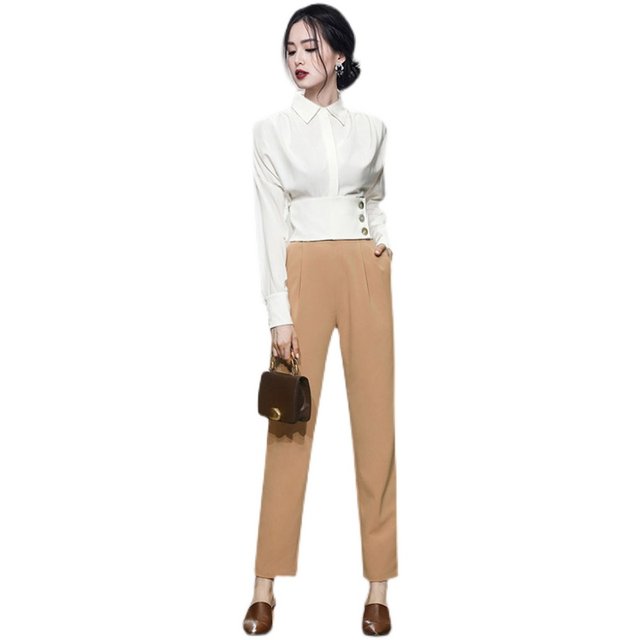 High-end professional suit design sense short chic top shirt slimming foreign style age-reducing two-piece trousers autumn style