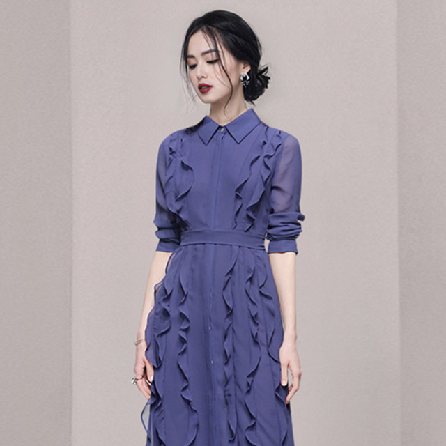 Polo skirt shirt niche design chic long skirt spring and autumn waist waist temperament high-end chiffon purple dress