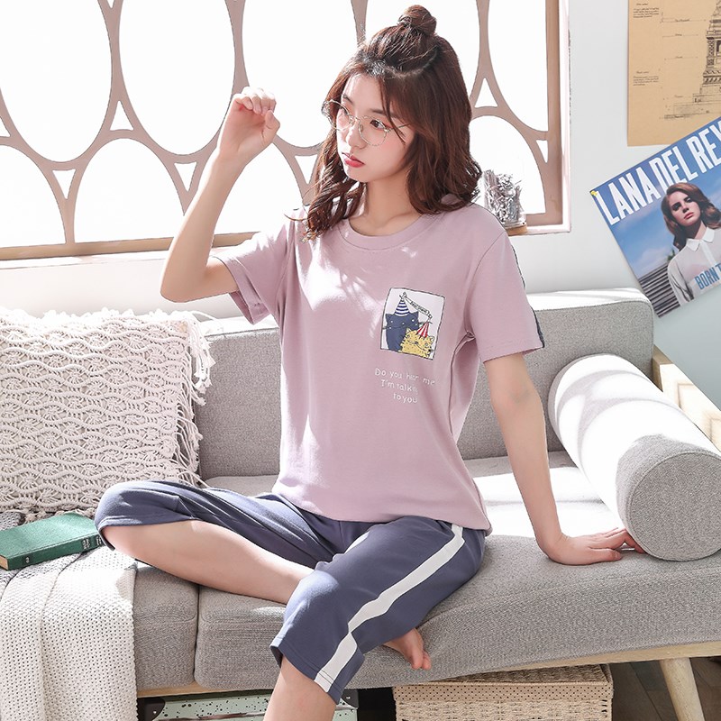 Pajama nữ mùa hè ngắn tay áo quần bảy điểm thoải mái lỏng dễ thương phim hoạt hình thời trang mùa hè womens mặc nhà phù hợp với cô gái.