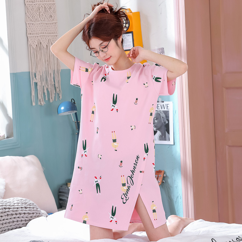 Bông ngắn tay váy ngủ womens mùa thu mới phim hoạt hình bông lỏng lẻo Hàn Quốc phiên bản của bộ đồ ngủ phụ nữ bảy tay áo quần áo nhà dài váy